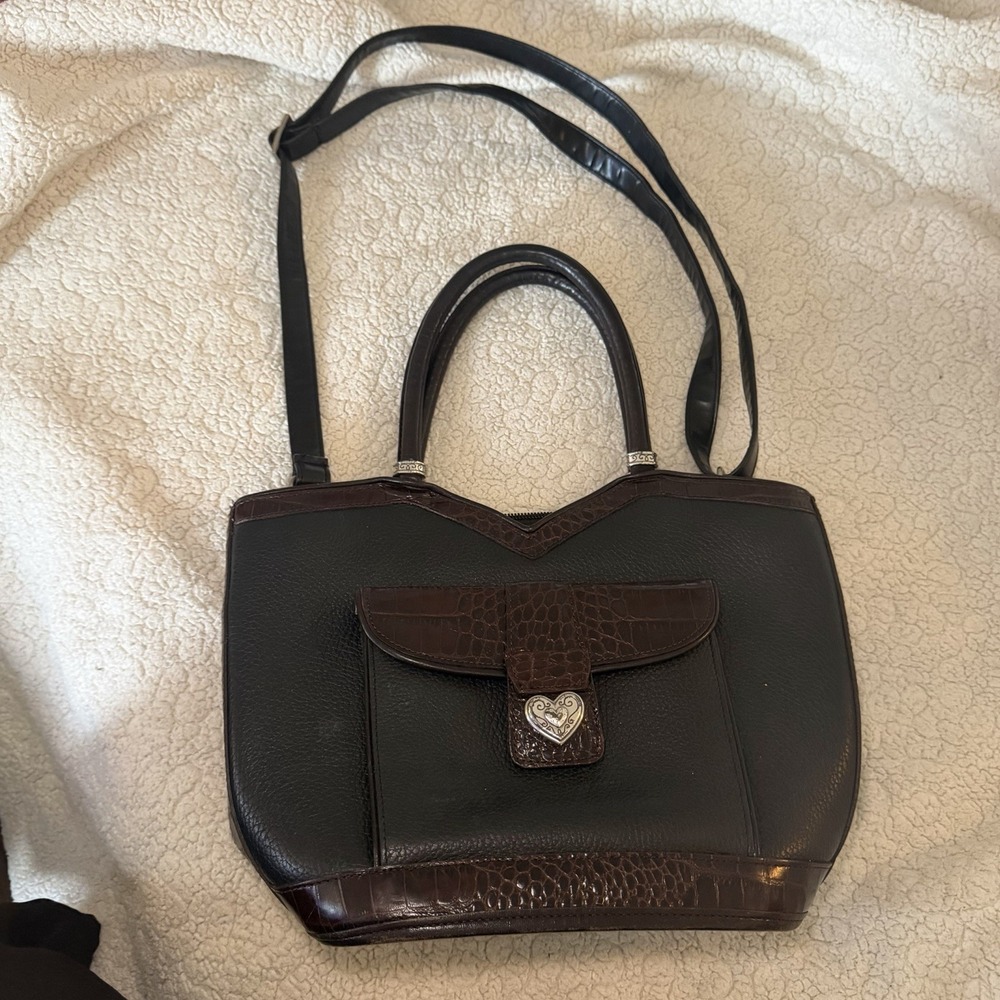 Brighton Black Pebbled Leather Satchel Brown Croc Trim Heart Charm C067534